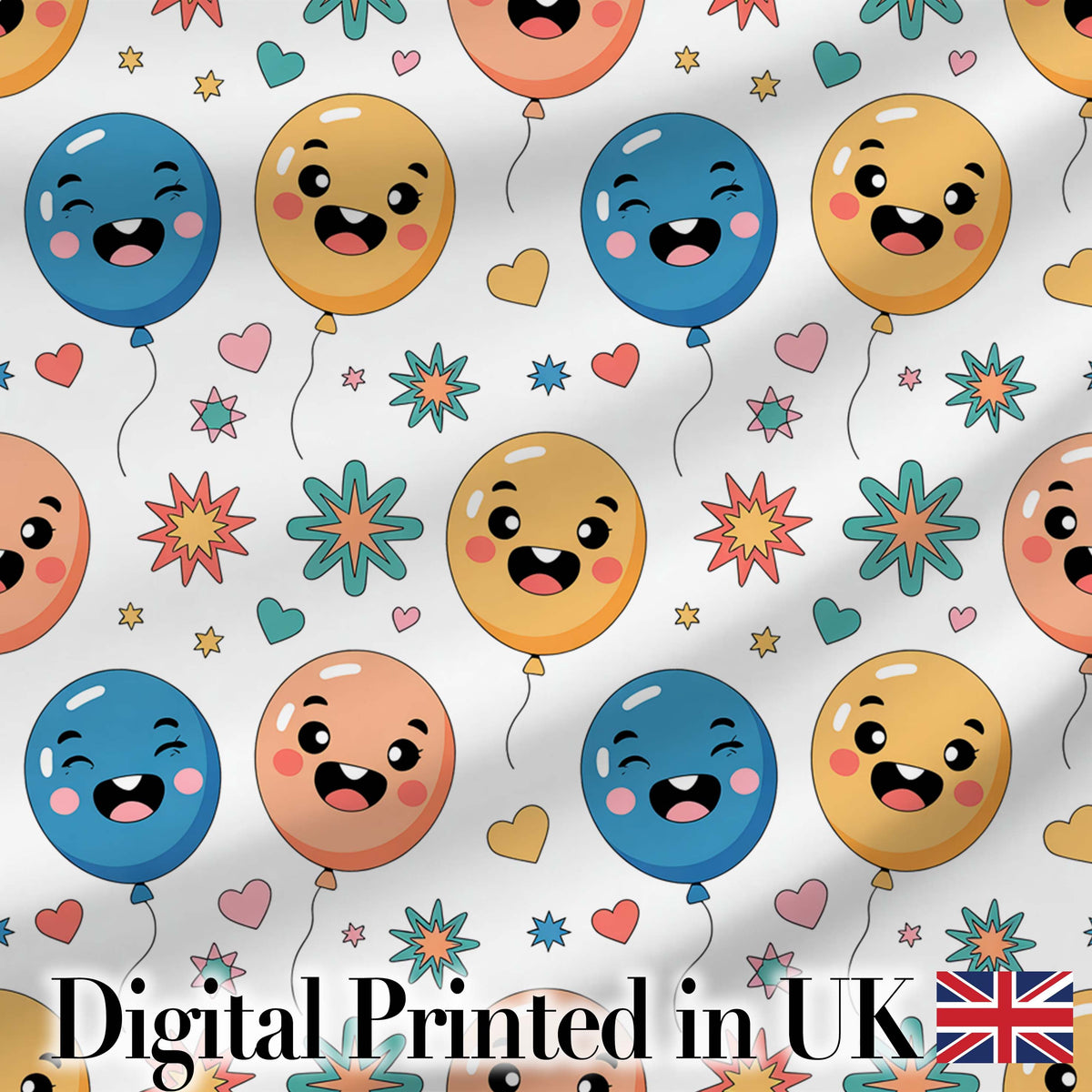 Cute Smiling Balloons Hearts and Stars Fun Party Seamless Pattern Digital Print Fabric by the Metre UK Sewing Quilting Textile