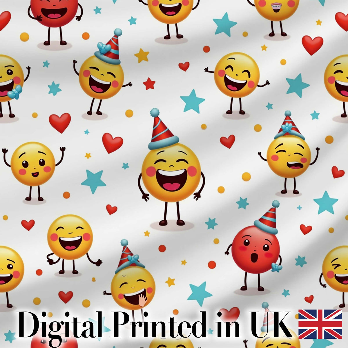 Cute Happy Emoji Faces Party Hats Celebration Seamless Pattern Digital Print Fabric by the Metre UK Sewing Quilting Textile