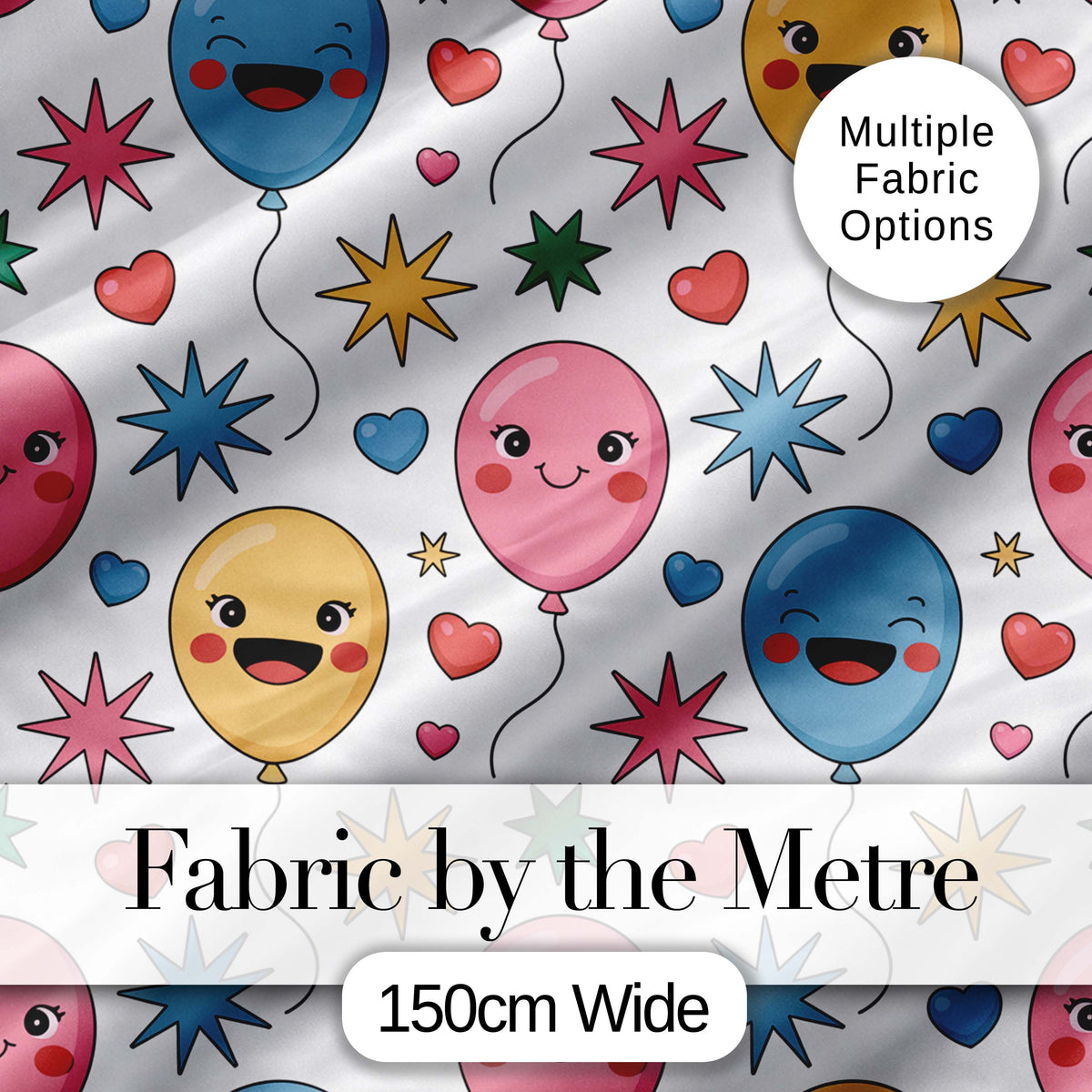 Cute Colorful Balloons Hearts and Starbursts Party Seamless Pattern Digital Print Fabric by the Metre UK Sewing Quilting Textile