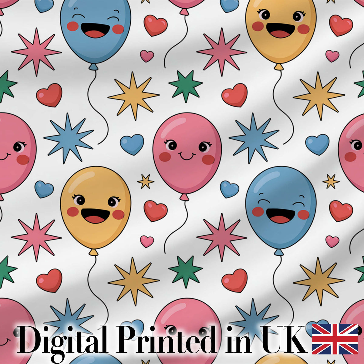Cute Colorful Balloons Hearts and Starbursts Party Seamless Pattern Digital Print Fabric by the Metre UK Sewing Quilting Textile