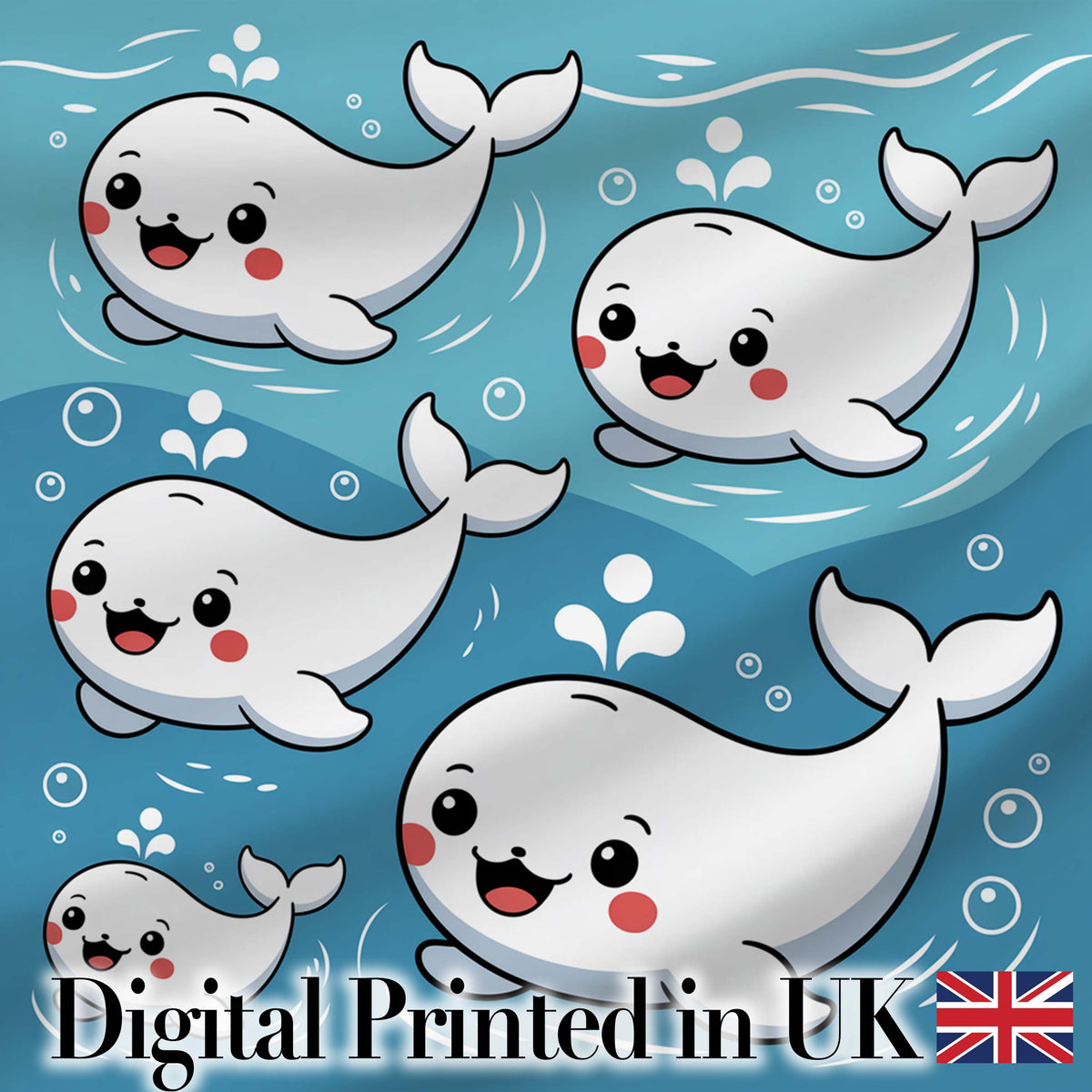 Cute Baby Whales Ocean Waves Bubbles Marine Seamless Pattern Digital Print Fabric by the Metre UK Sewing Quilting Textile