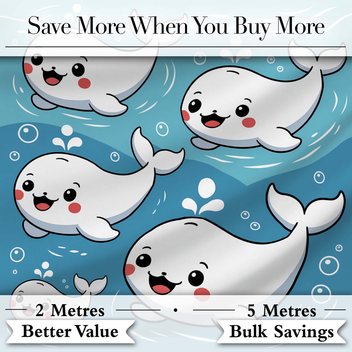 Cute Baby Whales Ocean Waves Bubbles Marine Seamless Pattern Digital Print Fabric by the Metre UK Sewing Quilting Textile