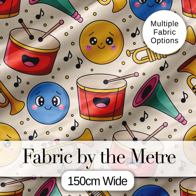 Cute Musical Instruments Notes Cartoon Fun Seamless Pattern Digital Print Fabric by the Metre UK Sewing Quilting Textile