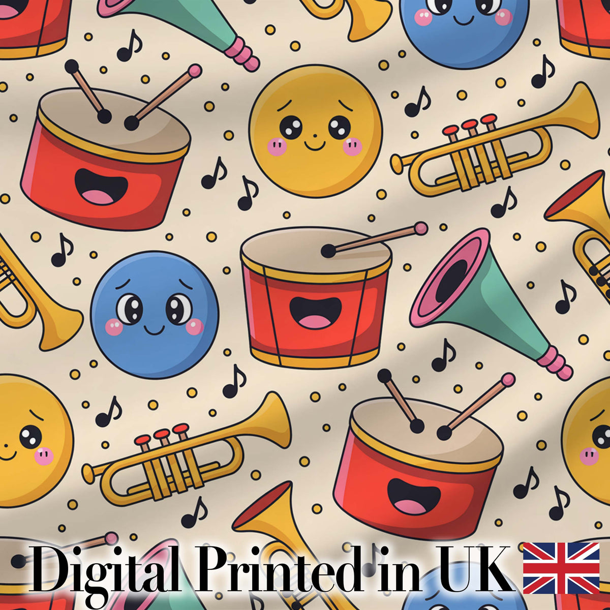 Cute Musical Instruments Notes Cartoon Fun Seamless Pattern Digital Print Fabric by the Metre UK Sewing Quilting Textile