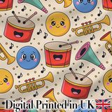 Cute Musical Instruments Notes Cartoon Fun Seamless Pattern Digital Print Fabric by the Metre UK Sewing Quilting Textile