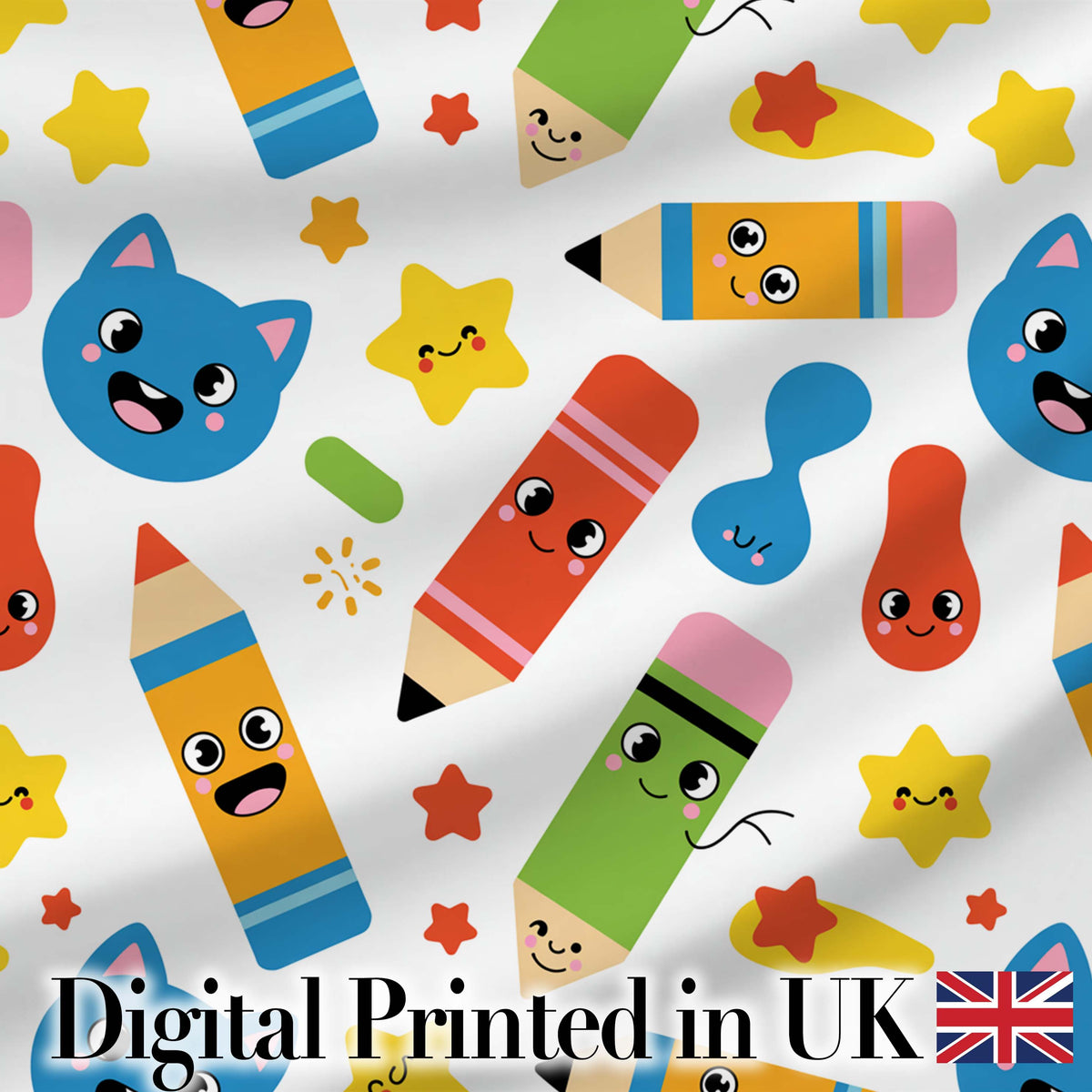 Cute School Supplies Pencils Stars Kawaii Learning Seamless Pattern Digital Print Fabric by the Metre UK Sewing Quilting Textile
