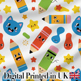 Cute School Supplies Pencils Stars Kawaii Learning Seamless Pattern Digital Print Fabric by the Metre UK Sewing Quilting Textile