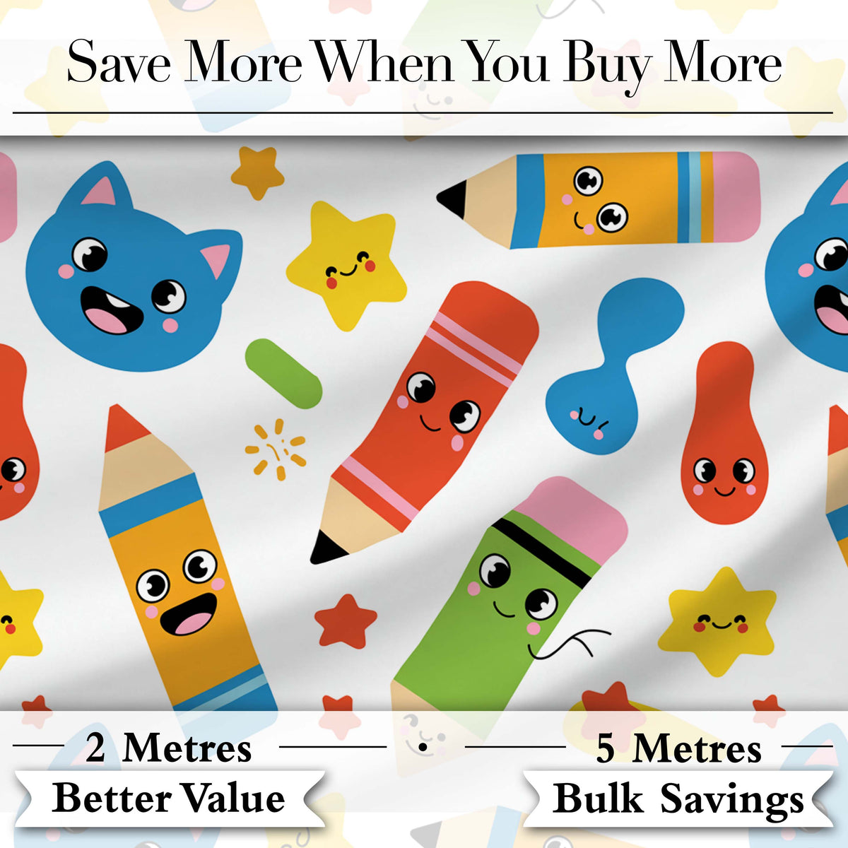 Cute School Supplies Pencils Stars Kawaii Learning Seamless Pattern Digital Print Fabric by the Metre UK Sewing Quilting Textile