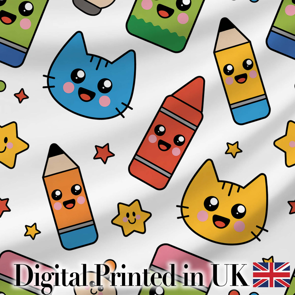 Cute Kawaii Cats Crayons and Pencils Fun School Seamless Pattern Digital Print Fabric by the Metre UK Sewing Quilting Textile