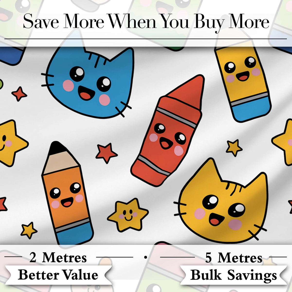 Cute Kawaii Cats Crayons and Pencils Fun School Seamless Pattern Digital Print Fabric by the Metre UK Sewing Quilting Textile