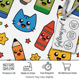 Cute Kawaii Cats Crayons and Pencils Fun School Seamless Pattern Digital Print Fabric by the Metre UK Sewing Quilting Textile