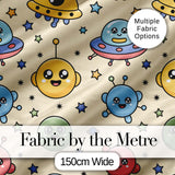 Cute Cartoon UFO Aliens Galaxy Stars Space Seamless Pattern Digital Print Fabric by the Metre UK Sewing Quilting Textile