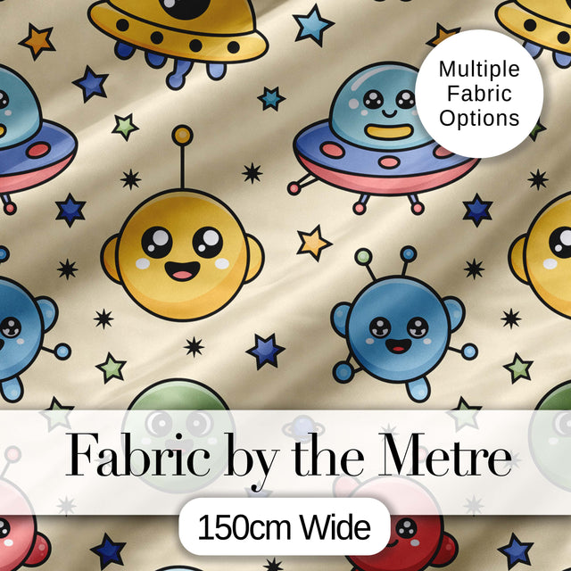 Cute Cartoon UFO Aliens Galaxy Stars Space Seamless Pattern Digital Print Fabric by the Metre UK Sewing Quilting Textile