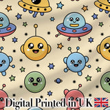 Cute Cartoon UFO Aliens Galaxy Stars Space Seamless Pattern Digital Print Fabric by the Metre UK Sewing Quilting Textile