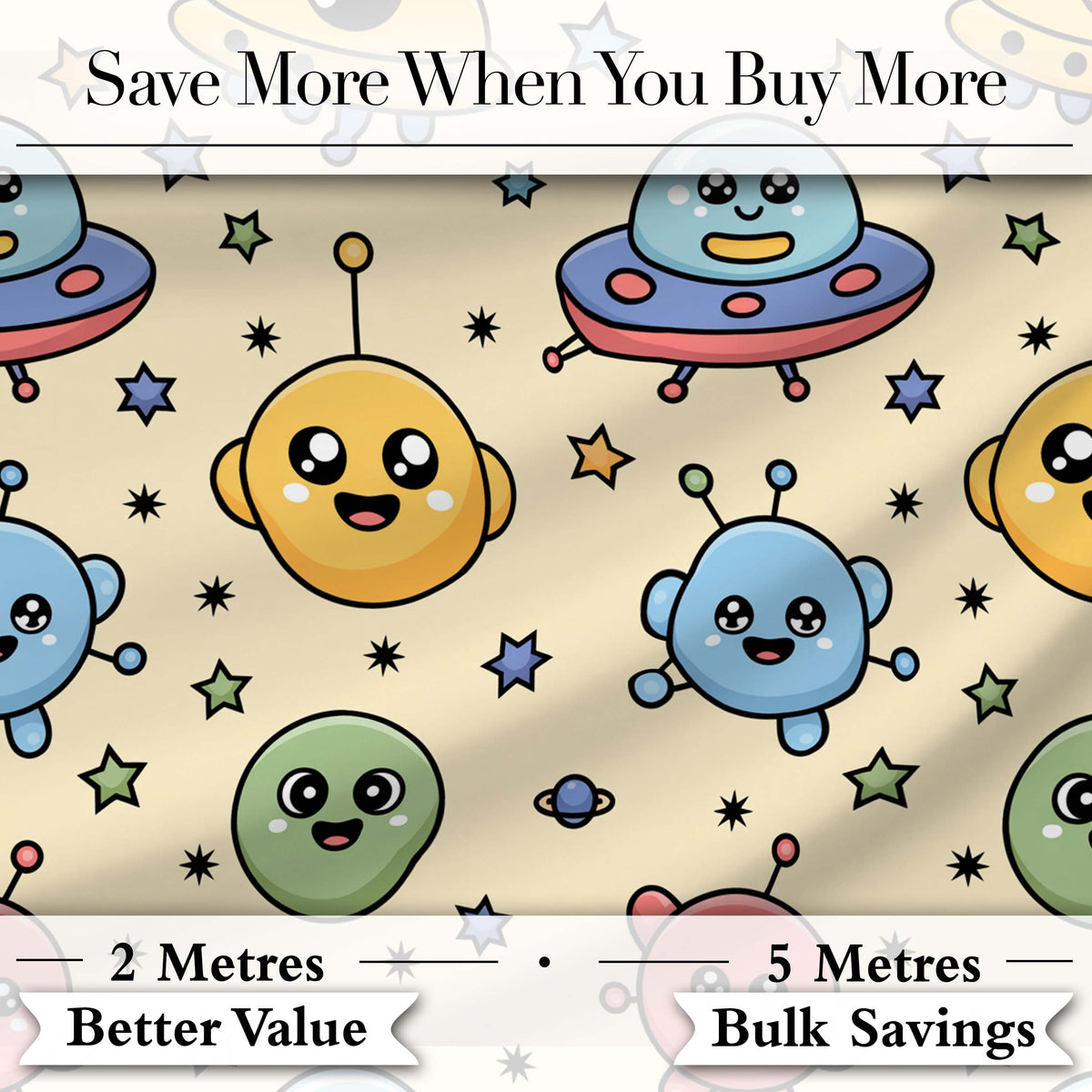 Cute Cartoon UFO Aliens Galaxy Stars Space Seamless Pattern Digital Print Fabric by the Metre UK Sewing Quilting Textile