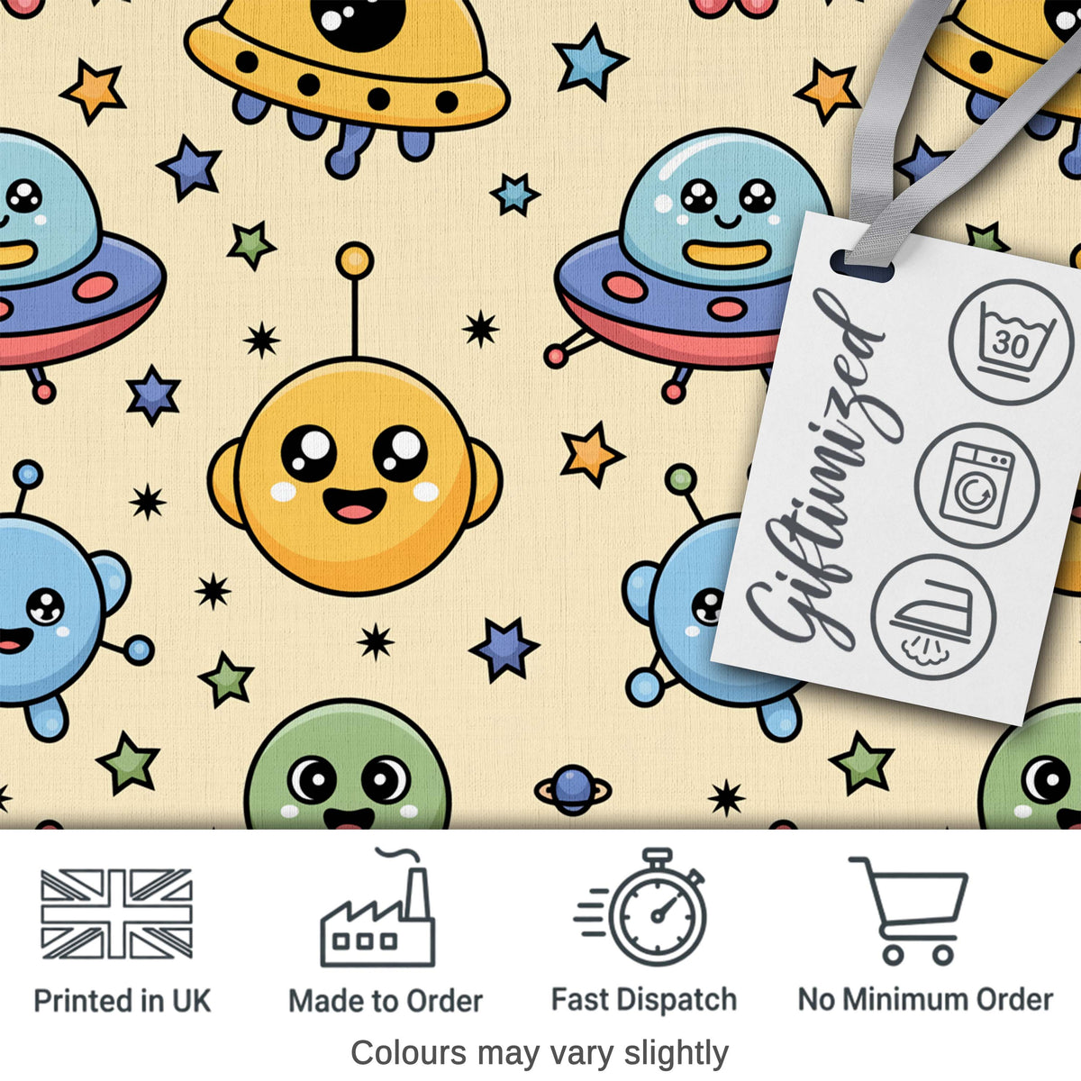 Cute Cartoon UFO Aliens Galaxy Stars Space Seamless Pattern Digital Print Fabric by the Metre UK Sewing Quilting Textile