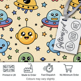 Cute Cartoon UFO Aliens Galaxy Stars Space Seamless Pattern Digital Print Fabric by the Metre UK Sewing Quilting Textile