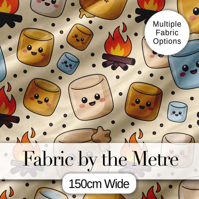 Cute Marshmallows Campfire Smores Sweet Treat Seamless Pattern Digital Print Fabric by the Metre UK Sewing Quilting Textile