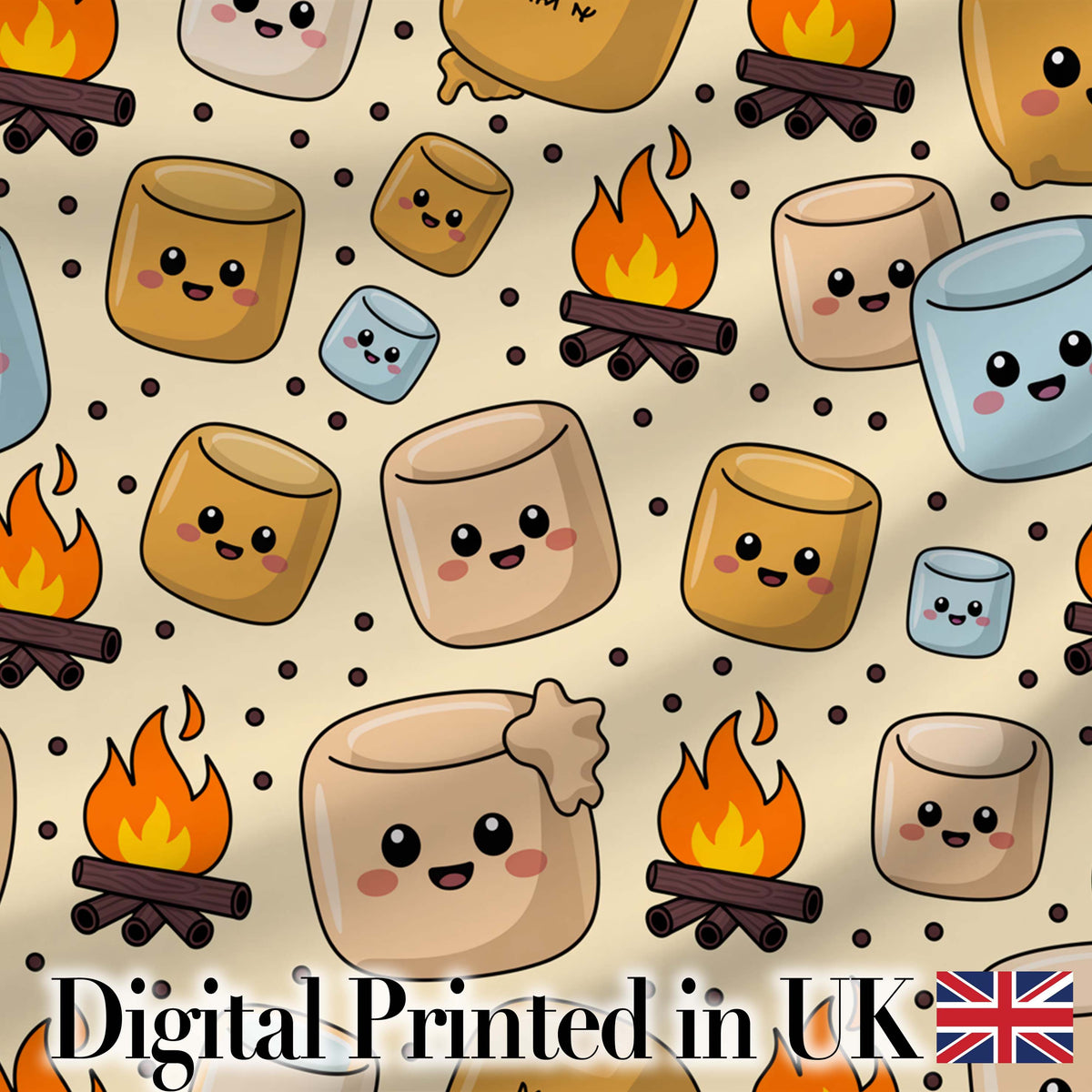 Cute Marshmallows Campfire Smores Sweet Treat Seamless Pattern Digital Print Fabric by the Metre UK Sewing Quilting Textile