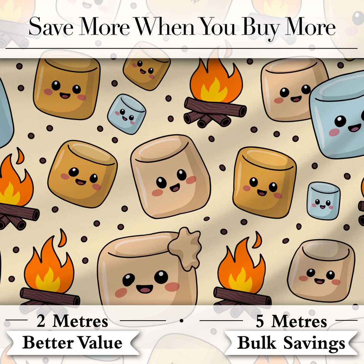 Cute Marshmallows Campfire Smores Sweet Treat Seamless Pattern Digital Print Fabric by the Metre UK Sewing Quilting Textile