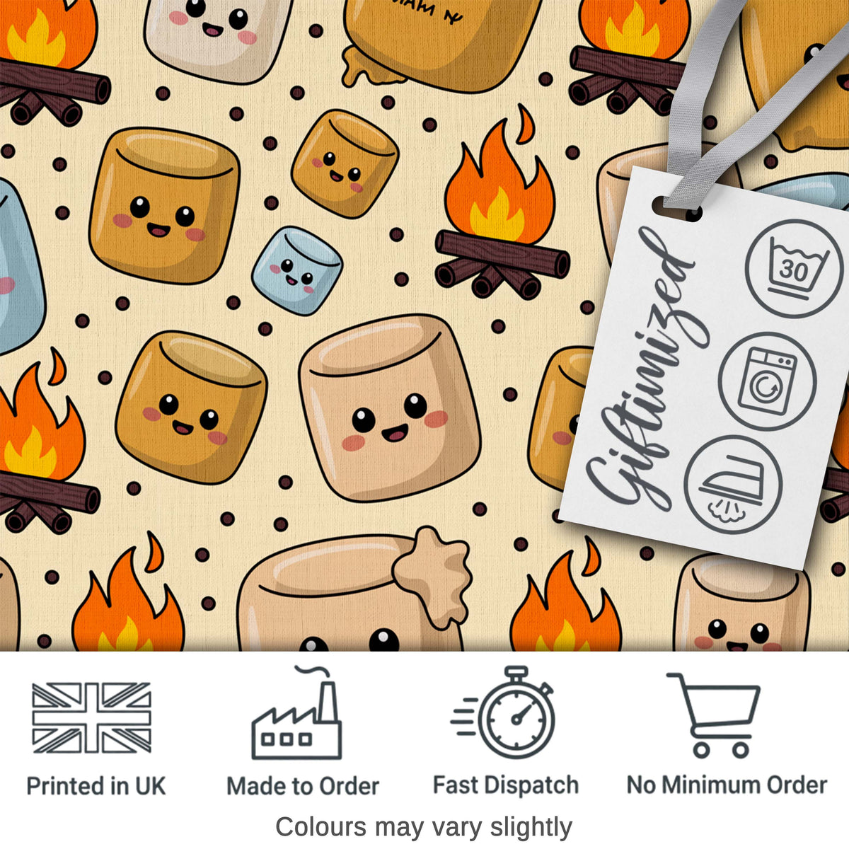 Cute Marshmallows Campfire Smores Sweet Treat Seamless Pattern Digital Print Fabric by the Metre UK Sewing Quilting Textile
