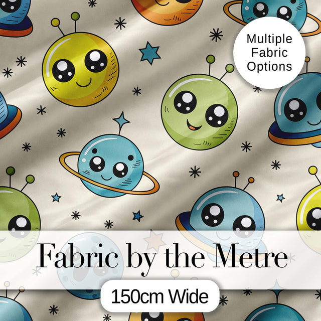 Cute Kawaii Space Planets Aliens Stars Galaxy Seamless Pattern Digital Print Fabric by the Metre UK Sewing Quilting Textile