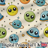 Cute Kawaii Space Planets Aliens Stars Galaxy Seamless Pattern Digital Print Fabric by the Metre UK Sewing Quilting Textile