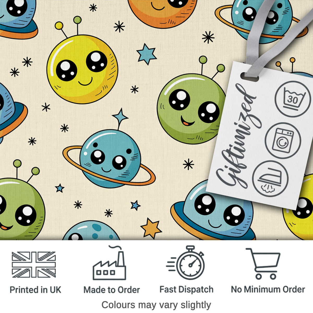 Cute Kawaii Space Planets Aliens Stars Galaxy Seamless Pattern Digital Print Fabric by the Metre UK Sewing Quilting Textile