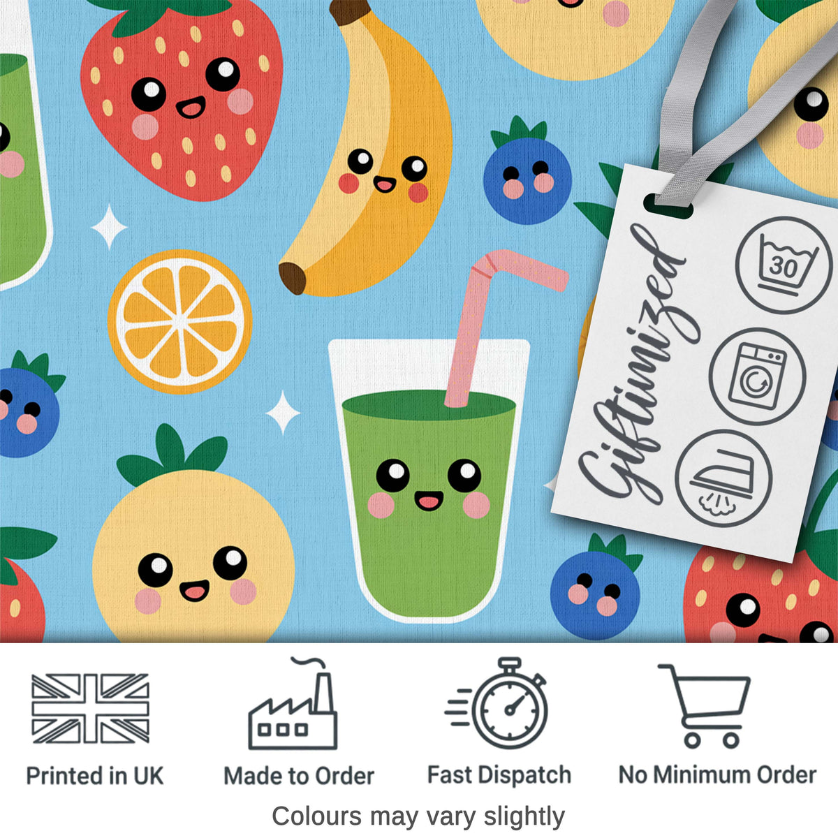 Cute Kawaii Fruits Smoothie Banana Strawberry Pineapple Seamless Pattern Digital Print Fabric by the Metre UK Sewing Quilting Textile