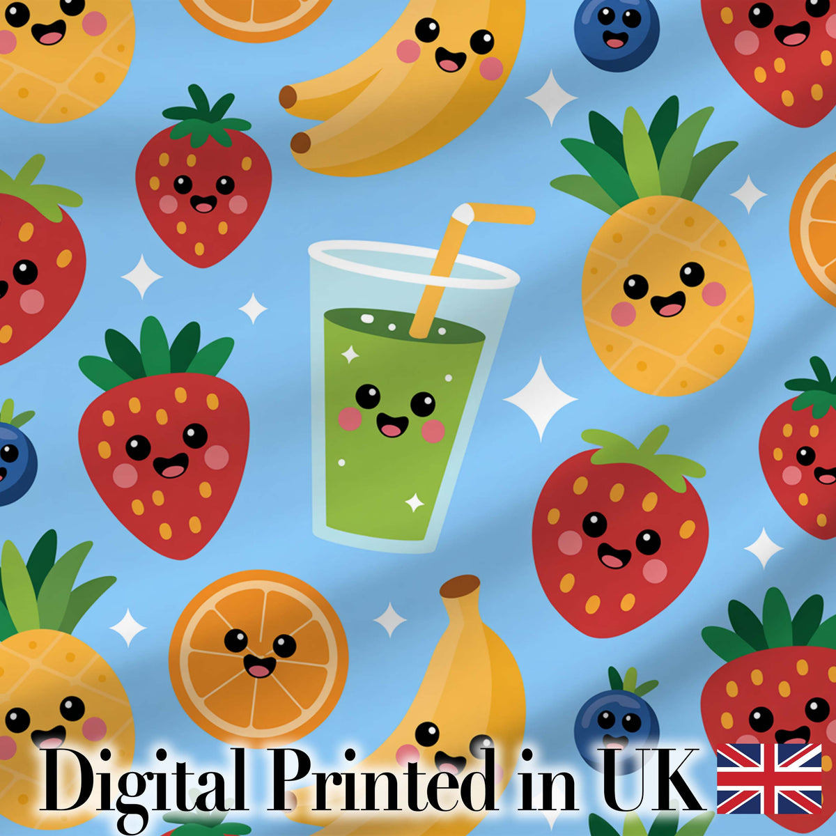 Cute Kawaii Fruits Juice Drink Strawberry Banana Orange Seamless Pattern Digital Print Fabric by the Metre UK Sewing Quilting Textile