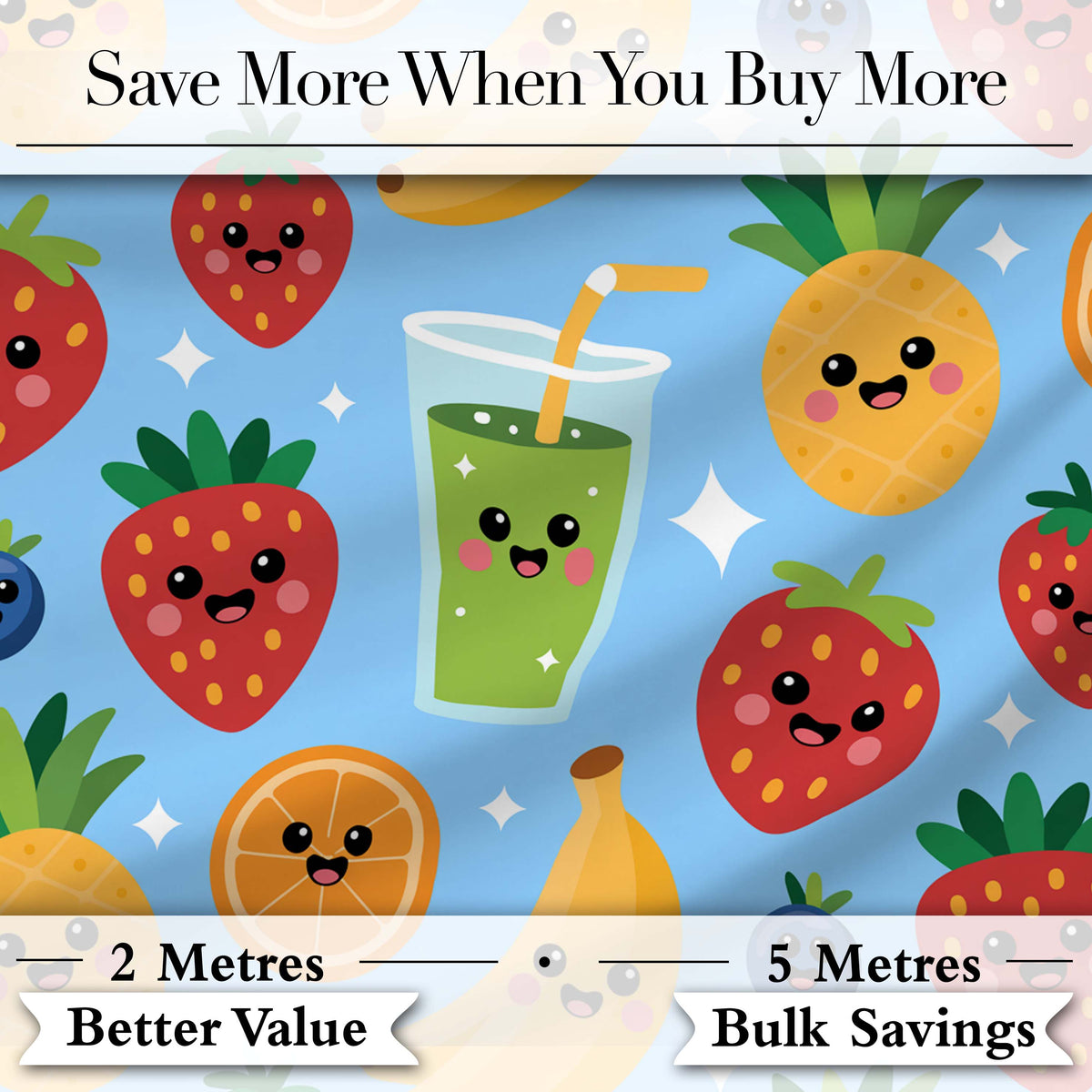 Cute Kawaii Fruits Juice Drink Strawberry Banana Orange Seamless Pattern Digital Print Fabric by the Metre UK Sewing Quilting Textile