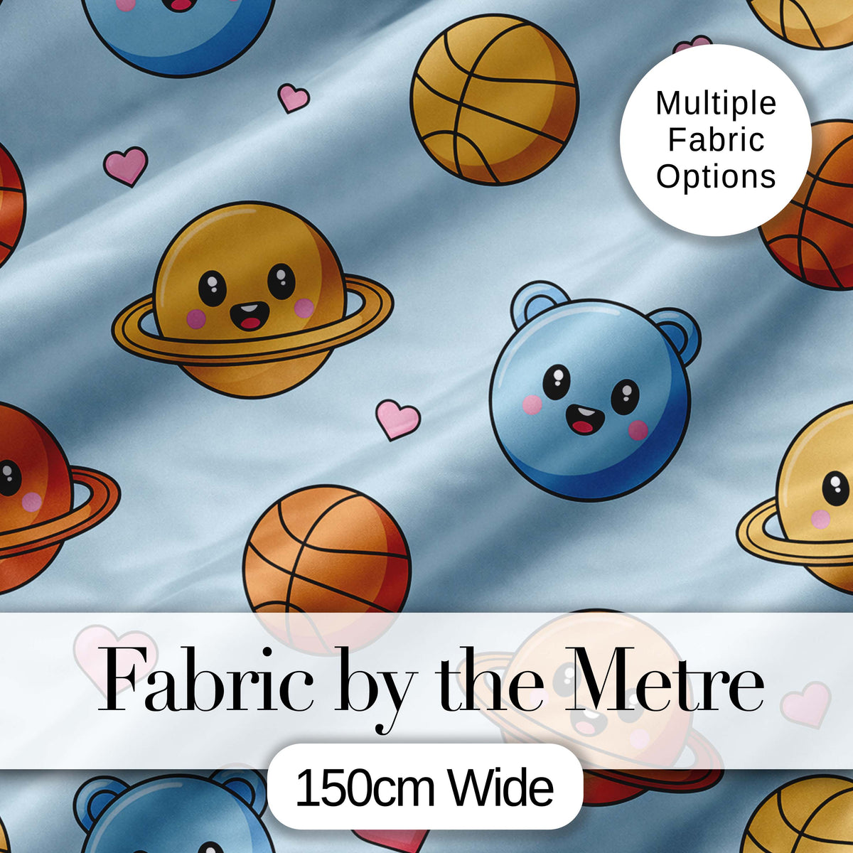 Cute Kawaii Planets Basketball Hearts Fun Space Seamless Pattern Digital Print Fabric by the Metre UK Sewing Quilting Textile