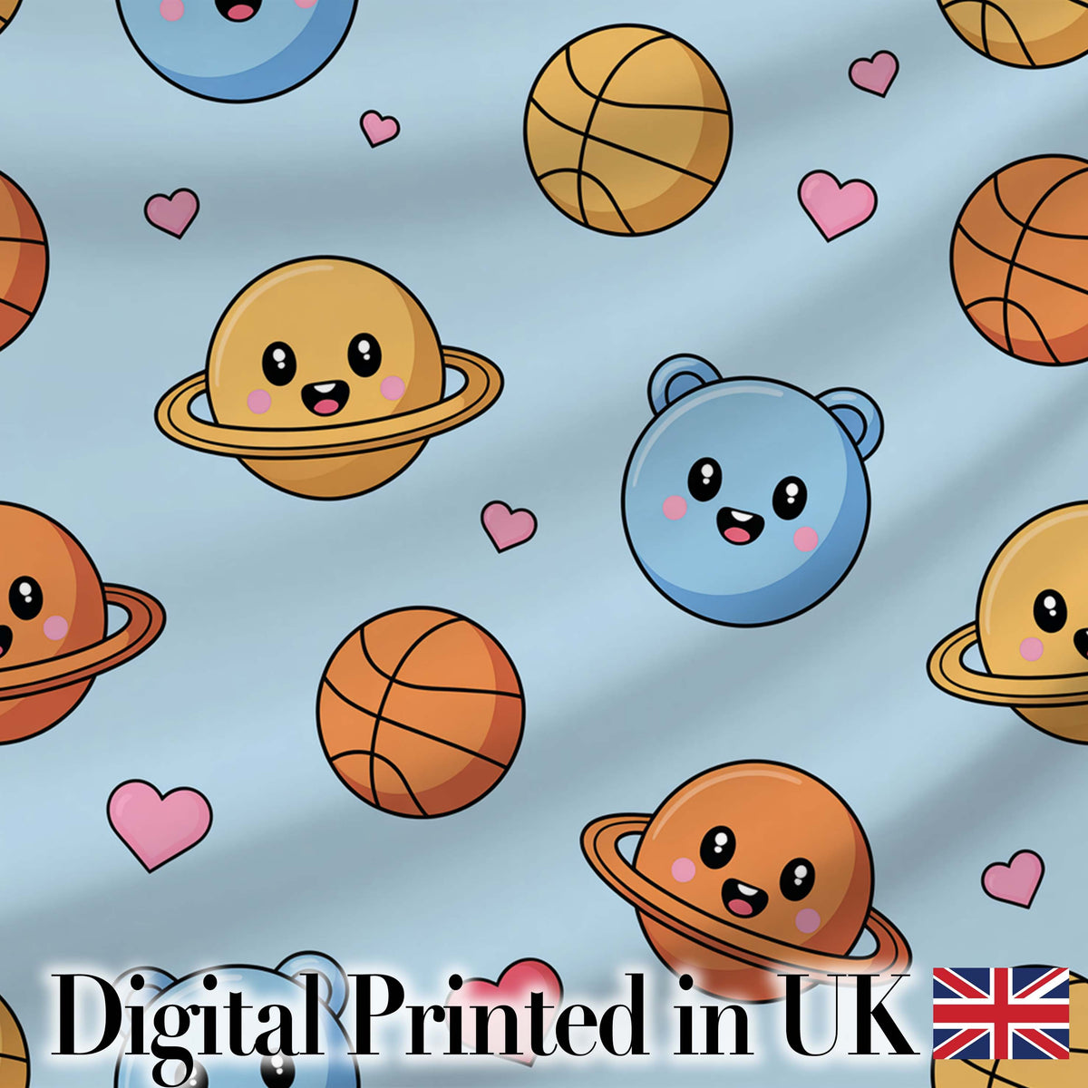 Cute Kawaii Planets Basketball Hearts Fun Space Seamless Pattern Digital Print Fabric by the Metre UK Sewing Quilting Textile