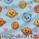Cute Kawaii Planets Basketball Hearts Fun Space Seamless Pattern Digital Print Fabric by the Metre UK Sewing Quilting Textile