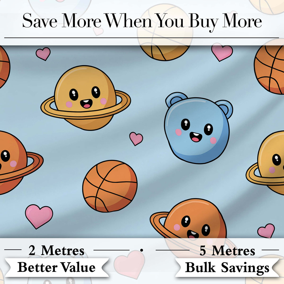 Cute Kawaii Planets Basketball Hearts Fun Space Seamless Pattern Digital Print Fabric by the Metre UK Sewing Quilting Textile