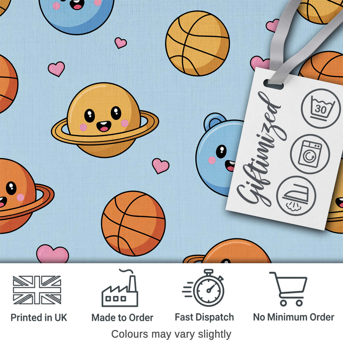 Cute Kawaii Planets Basketball Hearts Fun Space Seamless Pattern Digital Print Fabric by the Metre UK Sewing Quilting Textile