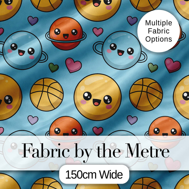 Cute Kawaii Planets Basketball Pattern Fun Sports Seamless Pattern Digital Print Fabric by the Metre UK Sewing Quilting Textile