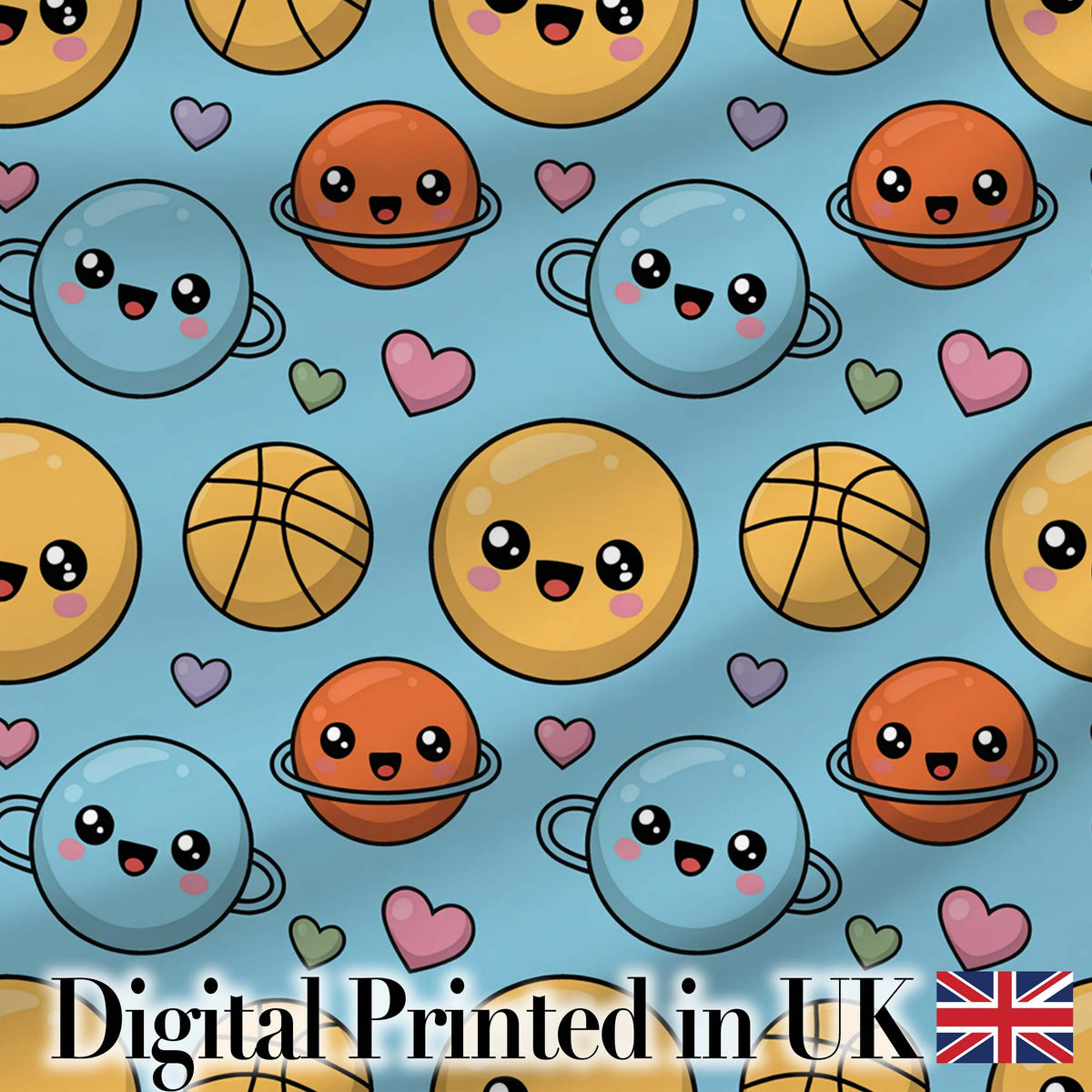 Cute Kawaii Planets Basketball Pattern Fun Sports Seamless Pattern Digital Print Fabric by the Metre UK Sewing Quilting Textile