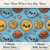 Cute Kawaii Planets Basketball Pattern Fun Sports Seamless Pattern Digital Print Fabric by the Metre UK Sewing Quilting Textile