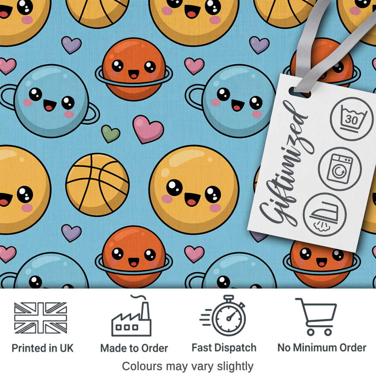 Cute Kawaii Planets Basketball Pattern Fun Sports Seamless Pattern Digital Print Fabric by the Metre UK Sewing Quilting Textile