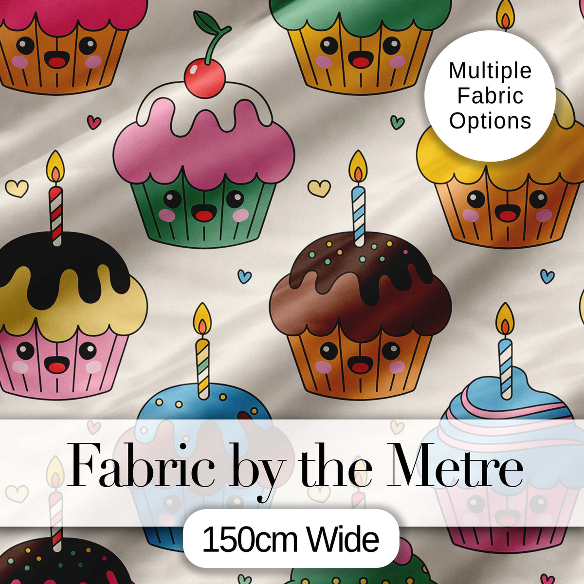 Cute Birthday Cupcakes Candles Sweet Treats Seamless Pattern Digital Print Fabric by the Metre UK Sewing Quilting Textile