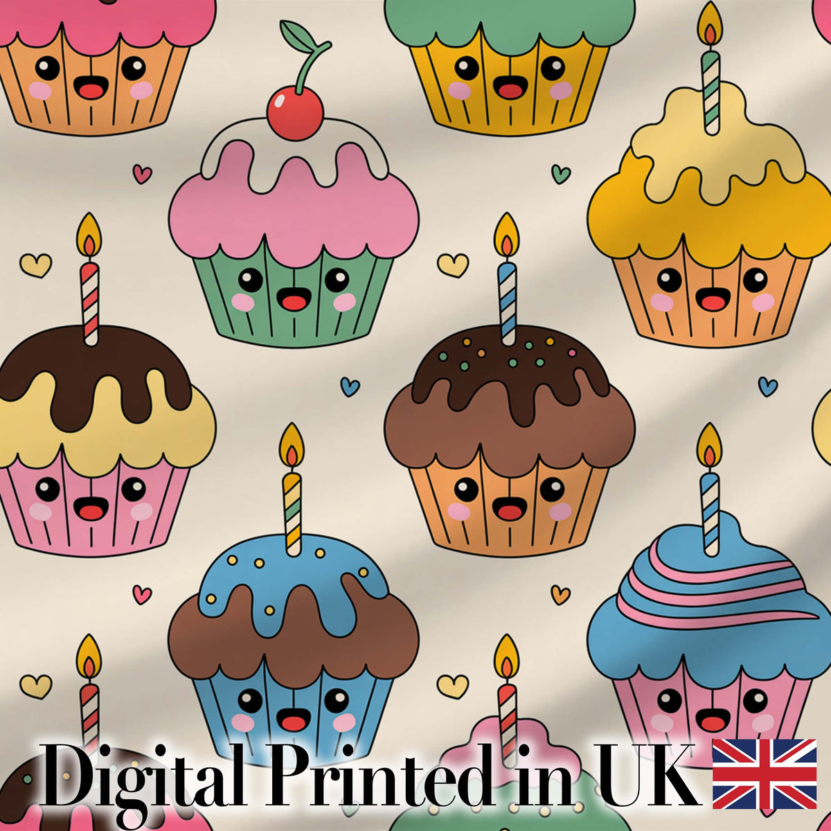 Cute Birthday Cupcakes Candles Sweet Treats Seamless Pattern Digital Print Fabric by the Metre UK Sewing Quilting Textile