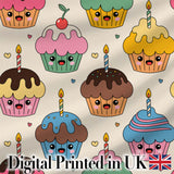 Cute Birthday Cupcakes Candles Sweet Treats Seamless Pattern Digital Print Fabric by the Metre UK Sewing Quilting Textile
