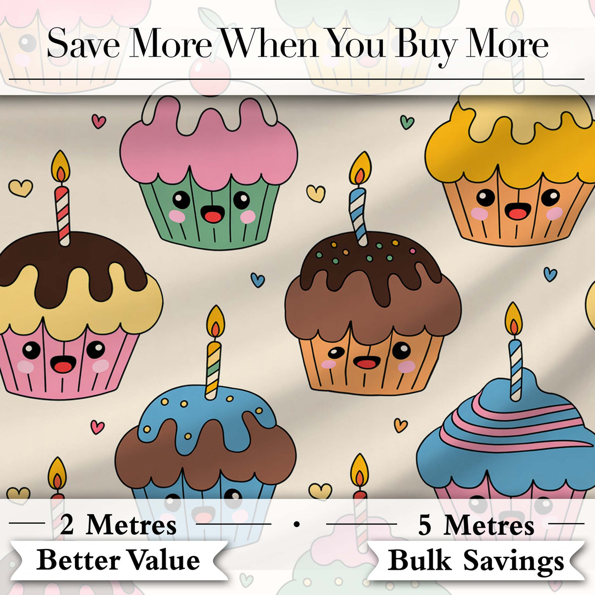 Cute Birthday Cupcakes Candles Sweet Treats Seamless Pattern Digital Print Fabric by the Metre UK Sewing Quilting Textile