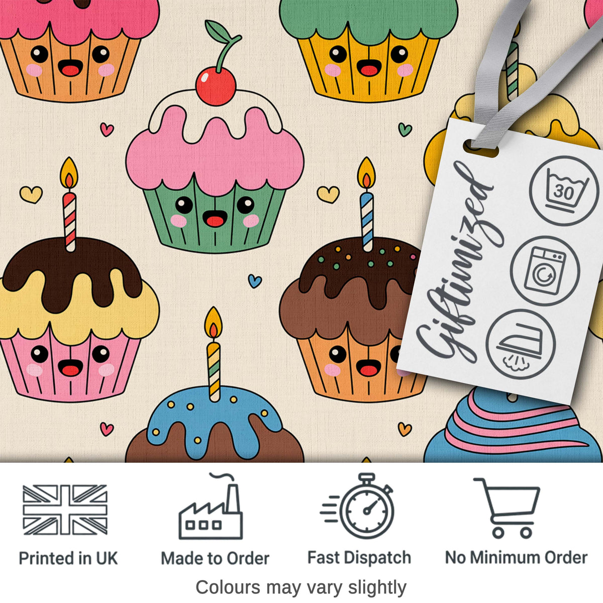 Cute Birthday Cupcakes Candles Sweet Treats Seamless Pattern Digital Print Fabric by the Metre UK Sewing Quilting Textile