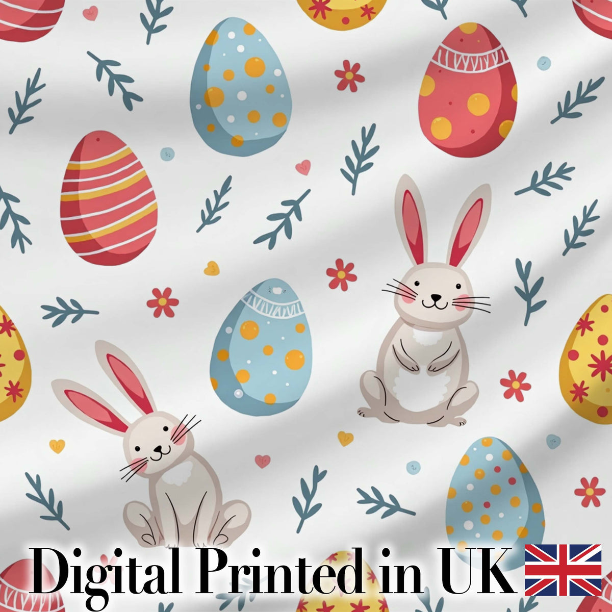 Cute Easter Bunnies Eggs Spring Floral Seamless Pattern Digital Print Fabric by the Metre UK Sewing Quilting Textile