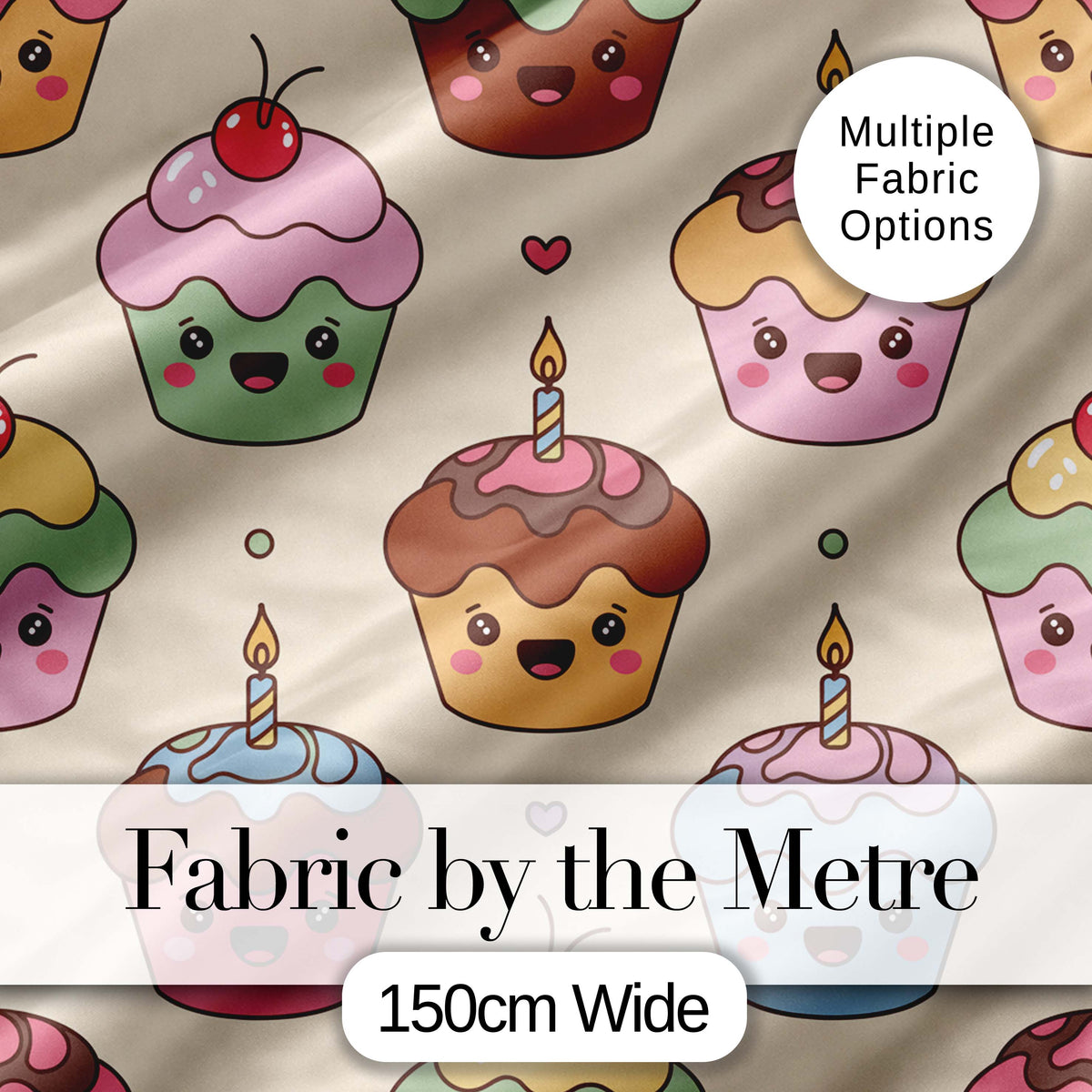 Cute Birthday Cupcakes Sweet Treat Candles Seamless Pattern Digital Print Fabric by the Metre UK Sewing Quilting Textile
