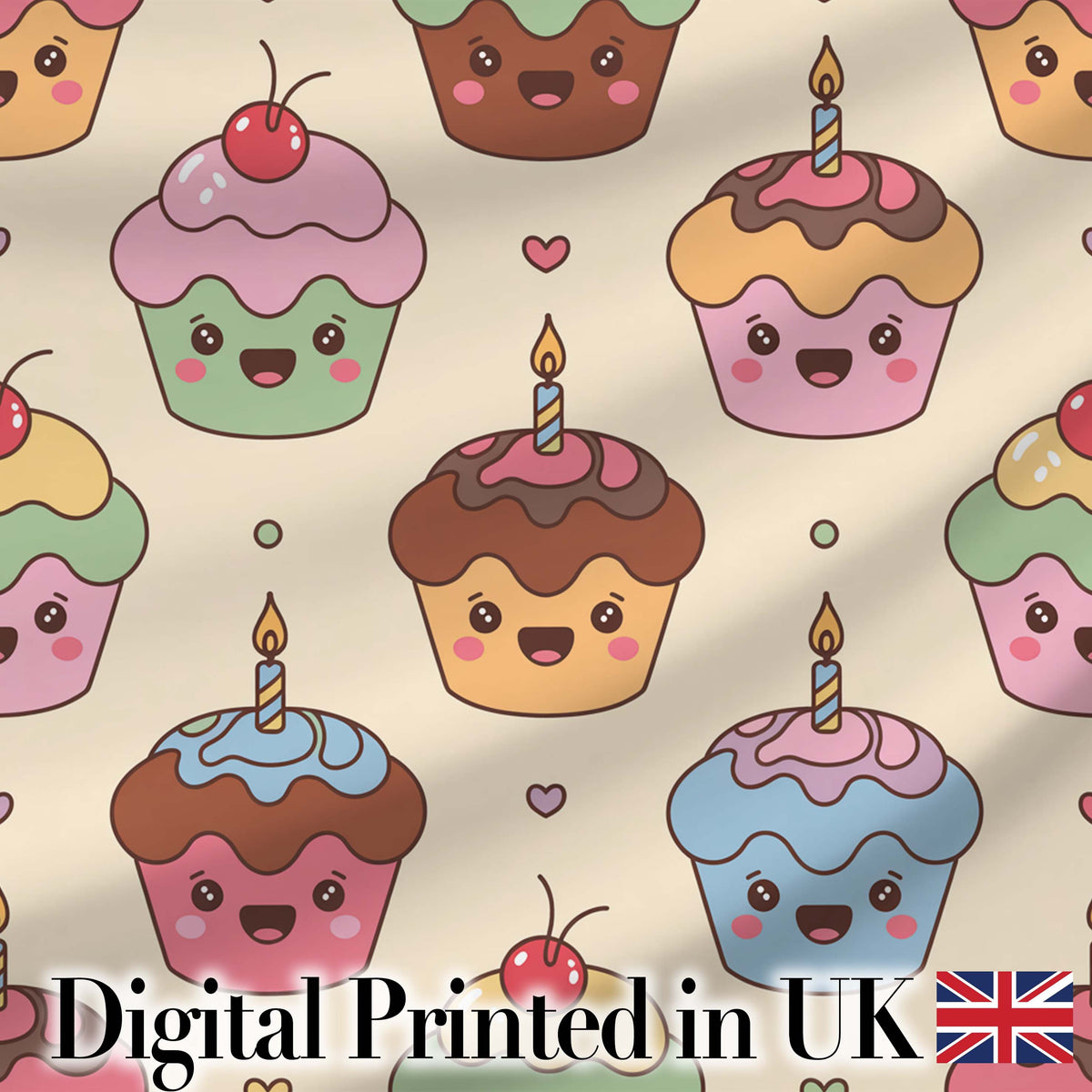 Cute Birthday Cupcakes Sweet Treat Candles Seamless Pattern Digital Print Fabric by the Metre UK Sewing Quilting Textile