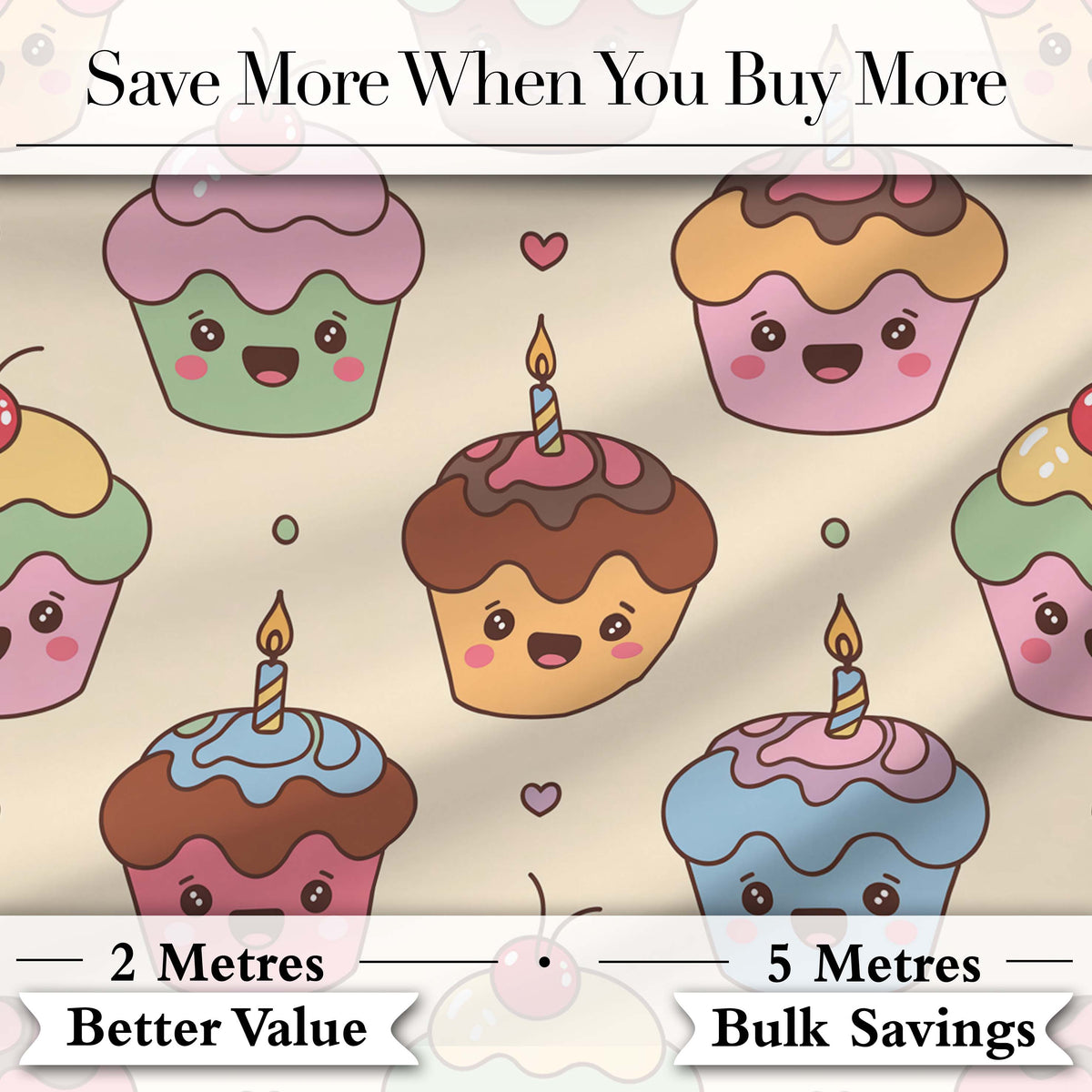 Cute Birthday Cupcakes Sweet Treat Candles Seamless Pattern Digital Print Fabric by the Metre UK Sewing Quilting Textile