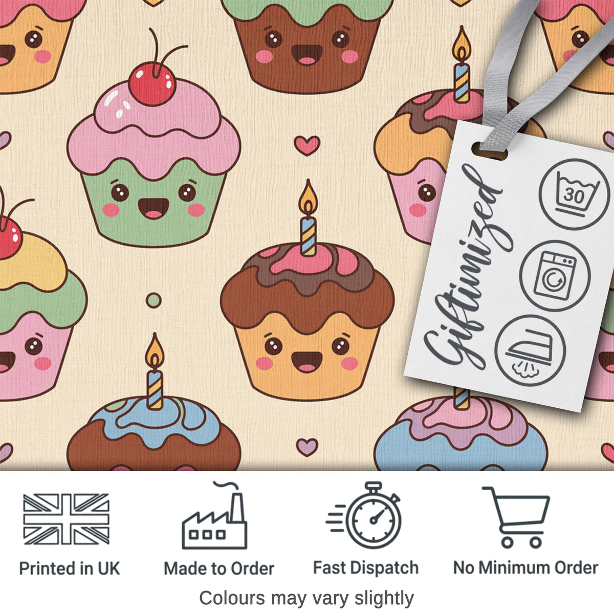 Cute Birthday Cupcakes Sweet Treat Candles Seamless Pattern Digital Print Fabric by the Metre UK Sewing Quilting Textile